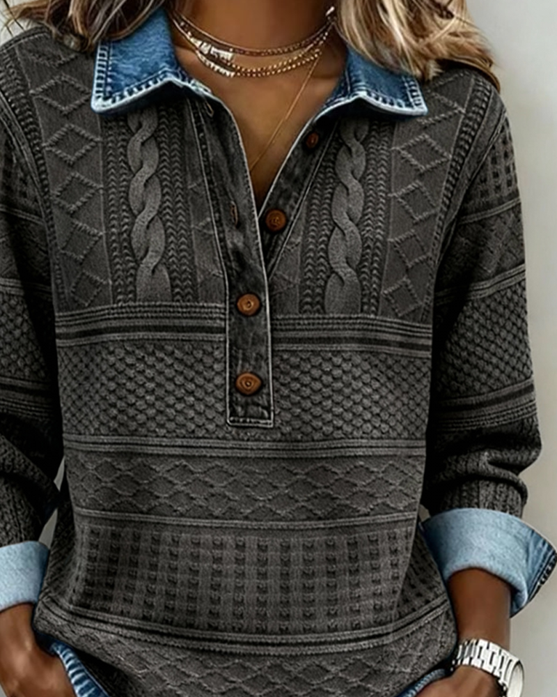 SOFIA – Woven Knit Sweatshirt with Denim Details