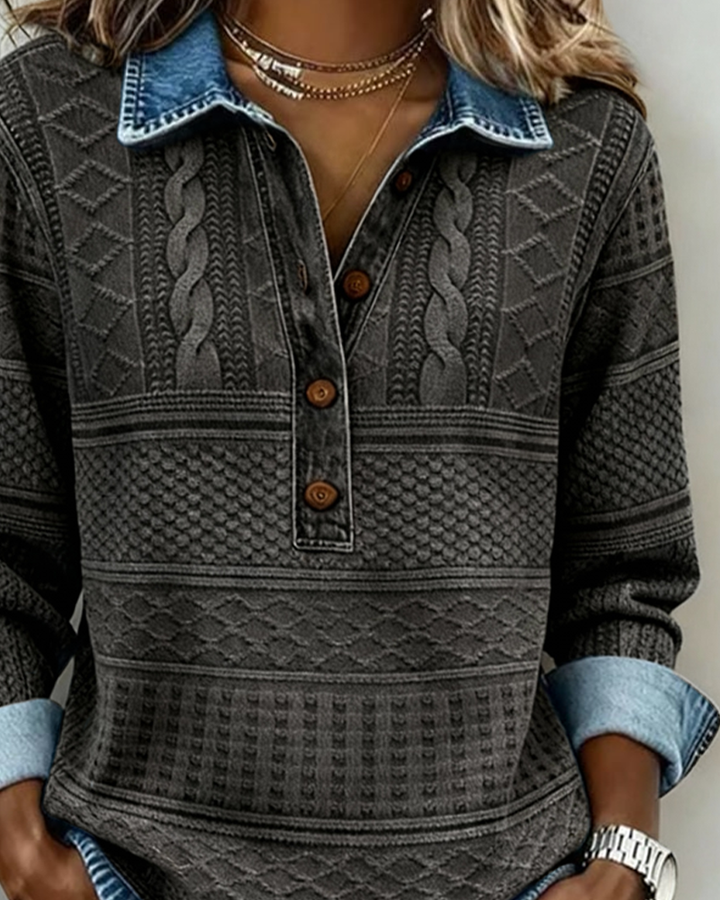 SOFIA – Woven Knit Sweatshirt with Denim Details