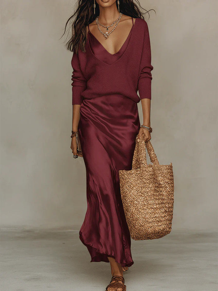 ÉLÉNA | Satin Midi Dress with Included Jumper