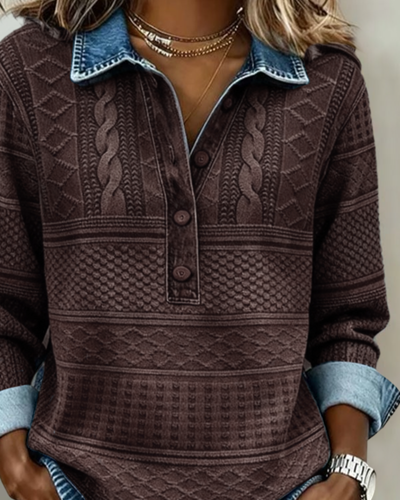 SOFIA – Woven Knit Sweatshirt with Denim Details