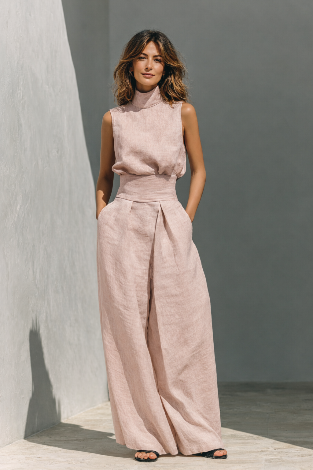Marie - Ensemble débardeur et pantalon large en coton et lin minimaliste pour femme