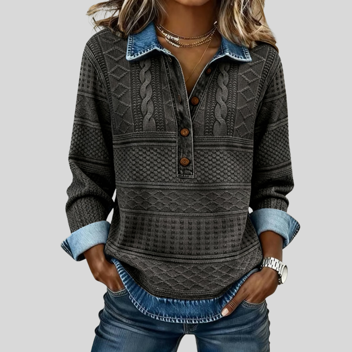 SOFIA – Woven Knit Sweatshirt with Denim Details