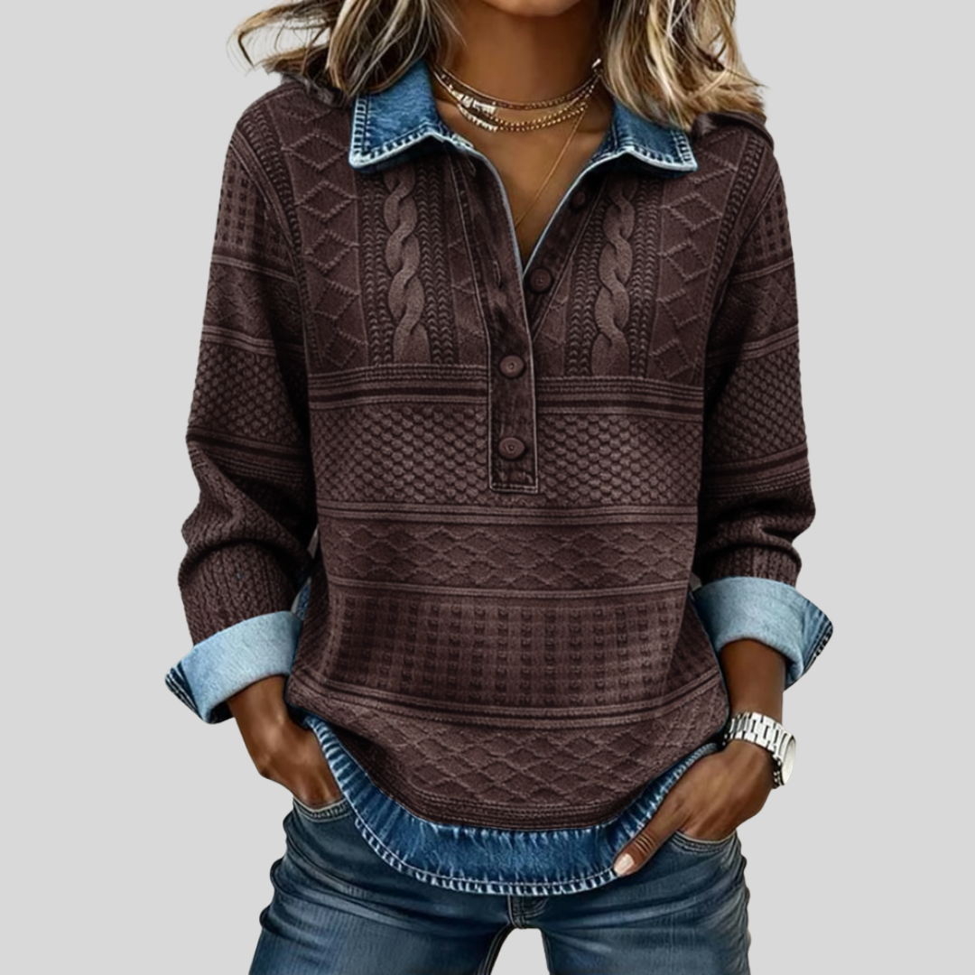 SOFIA – Woven Knit Sweatshirt with Denim Details