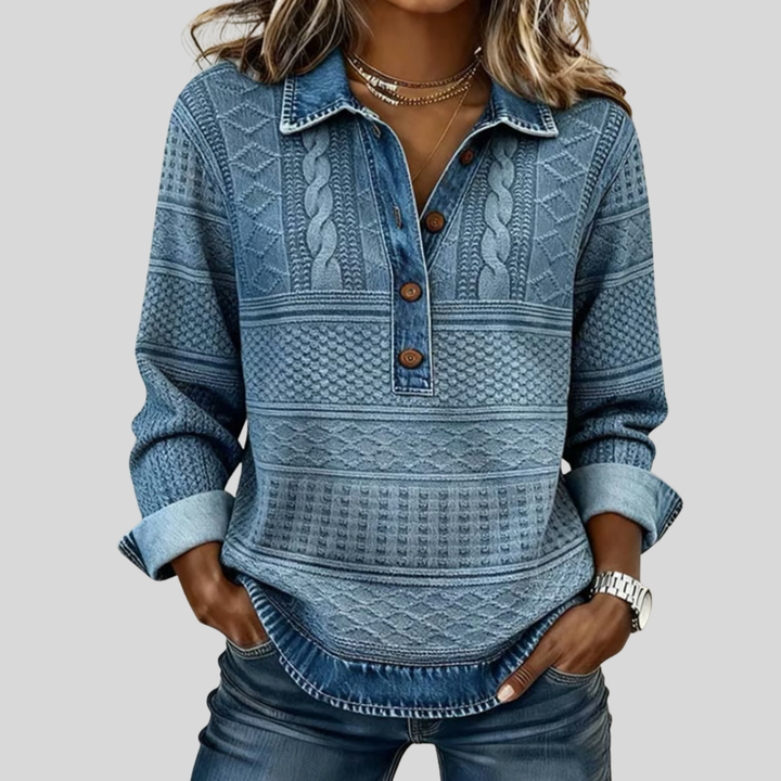 SOFIA – Woven Knit Sweatshirt with Denim Details