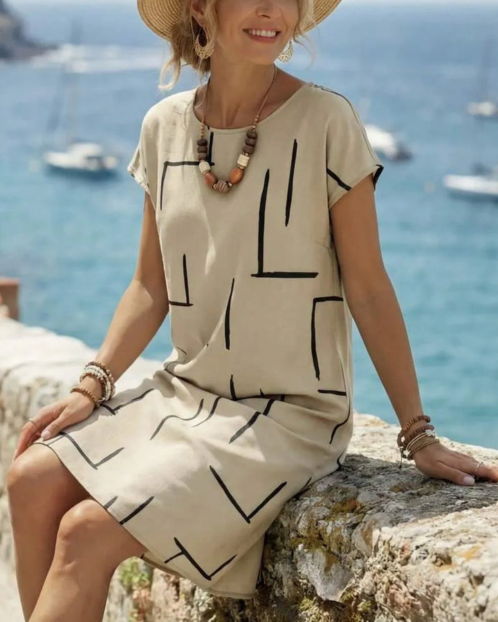 Lourdes - Vestido de mujer informal de verano con estampado y cuello redondo.