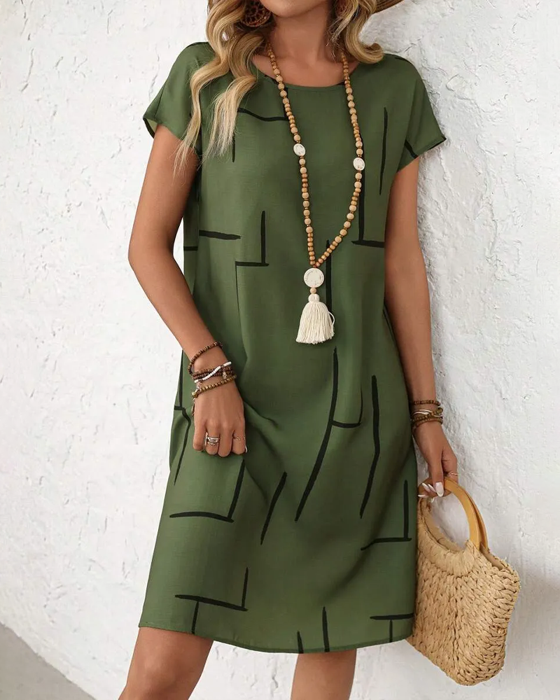 Lourdes - Vestido de mujer informal de verano con estampado y cuello redondo.