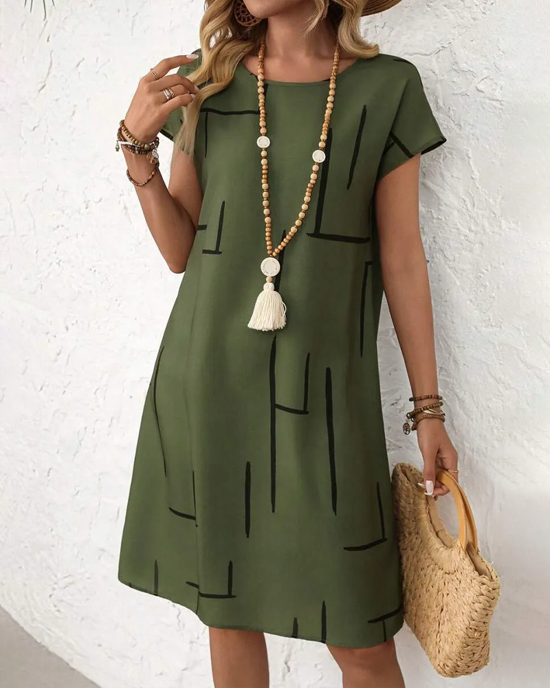Lourdes - Vestido de mujer informal de verano con estampado y cuello redondo.