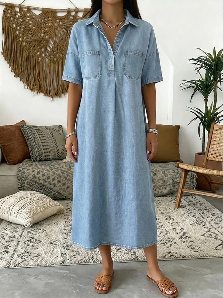 Abito Ashley casual in denim con colletto polo e maniche corte