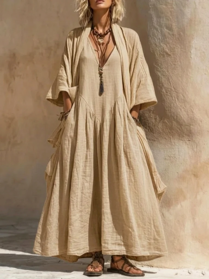 Set Helen a due pezzi composto da abito cardigan casual in stile bohémien in cotone e lino