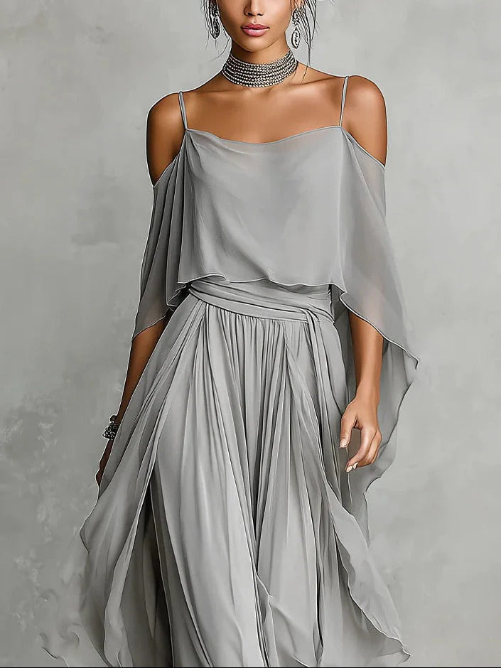 ISABELA | Grey Flowing Set with Strappy Top and Lightweight Trousers