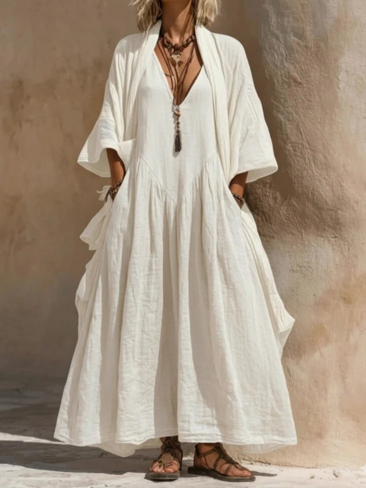 Set Helen a due pezzi composto da abito cardigan casual in stile bohémien in cotone e lino
